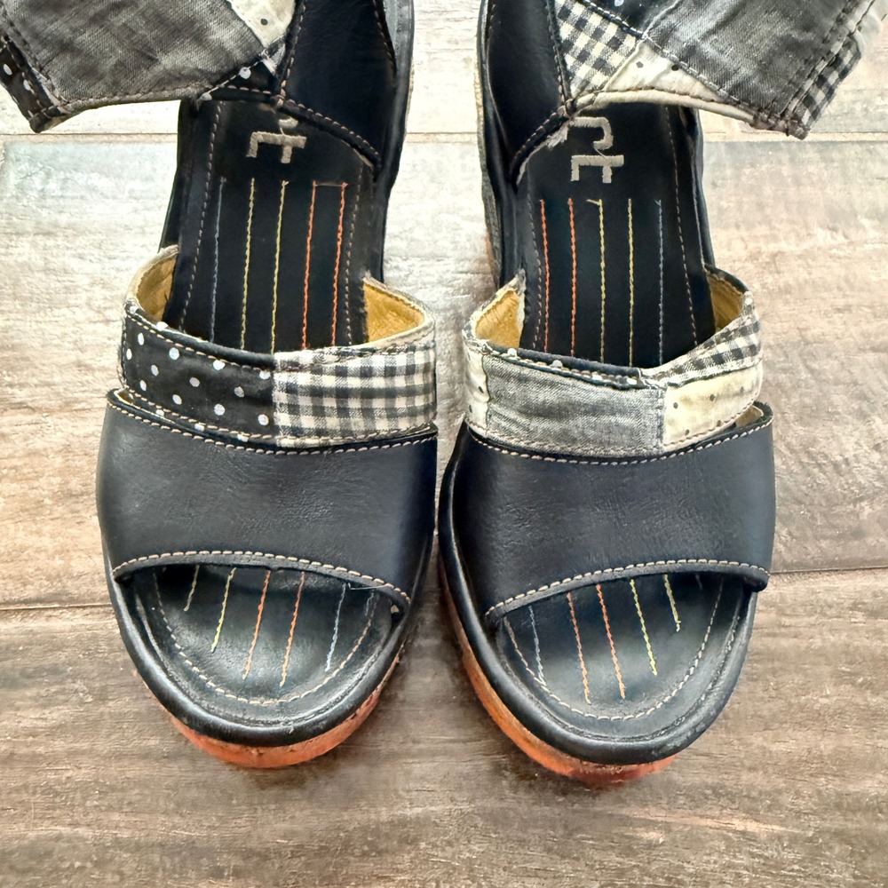 Art Vintage Women's Patchwork Gingham Dot Black Leather Jute Wedge Sandals,39 - Picture 12 of 12